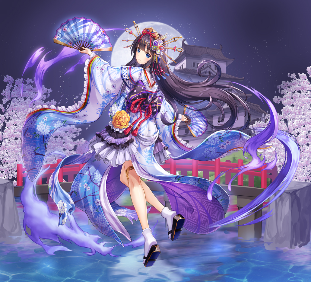 1girl architecture back_bow black_hair blue_eyes bow bridge cherry_blossoms dual_wielding east_asian_architecture floral_print folding_fan full_body full_moon hair_ornament hair_ribbon hair_stick hand_fan holding holding_fan japanese_clothes kimono long_hair looking_back lunacle moon night night_sky obi official_art red_ribbon revived_witch ribbon sash sky solo thigh_strap water wide_sleeves yukata