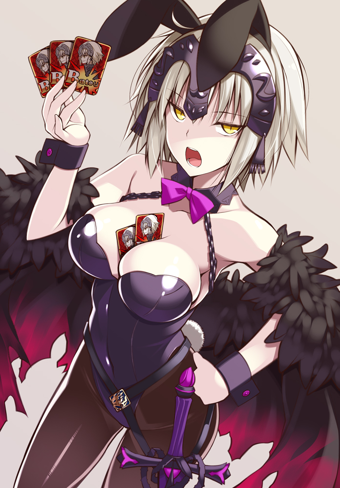 1girl animal_ears bare_shoulders between_breasts black_legwear blonde_hair bow bowtie breasts bunny_tail bunnysuit card cleavage covered_navel detached_collar fake_animal_ears fate/apocrypha fate_(series) hairband headphones headpiece highleg highleg_leotard jeanne_alter large_breasts leotard looking_at_viewer oota_yuuichi open_mouth pantyhose pink_bow pink_bowtie rabbit_ears ruler_(fate/apocrypha) solo tail wrist_cuffs yellow_eyes