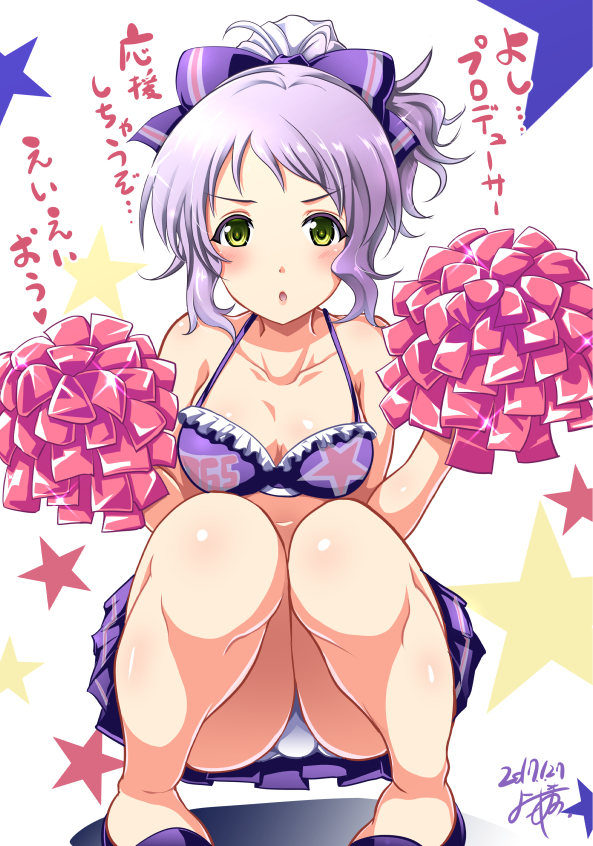 1girl alternate_hairstyle blush breasts cheerleader clothes_writing idolmaster idolmaster_million_live! looking_at_viewer makabe_mizuki midriff miniskirt open_mouth panties pantyshot pantyshot_(squatting) pom_poms ponytail purple_hair short_hair skirt solo squatting translation_request underwear upskirt yellow_eyes yokoyama_naoki