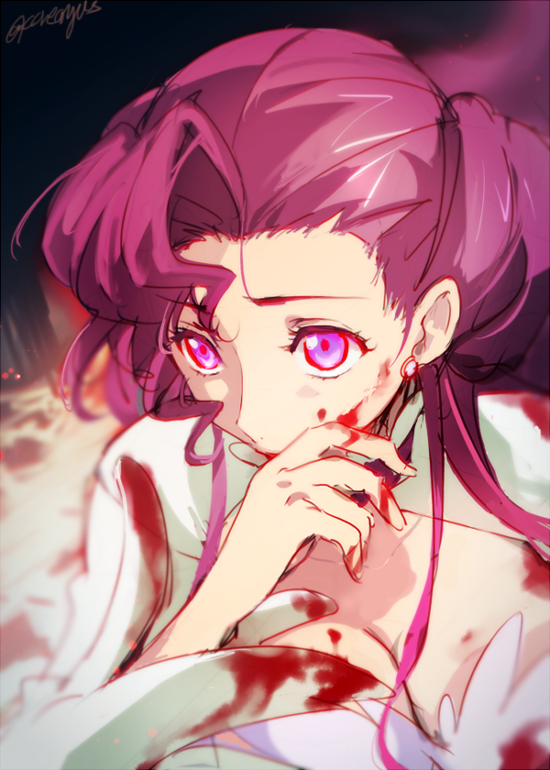 1girl blood blood_on_face bloody_clothes breasts cleavage code_geass covering_mouth creayus earrings euphemia_li_britannia geass hand_over_own_mouth jewelry long_hair pink_eyes purple_hair signature solo upper_body