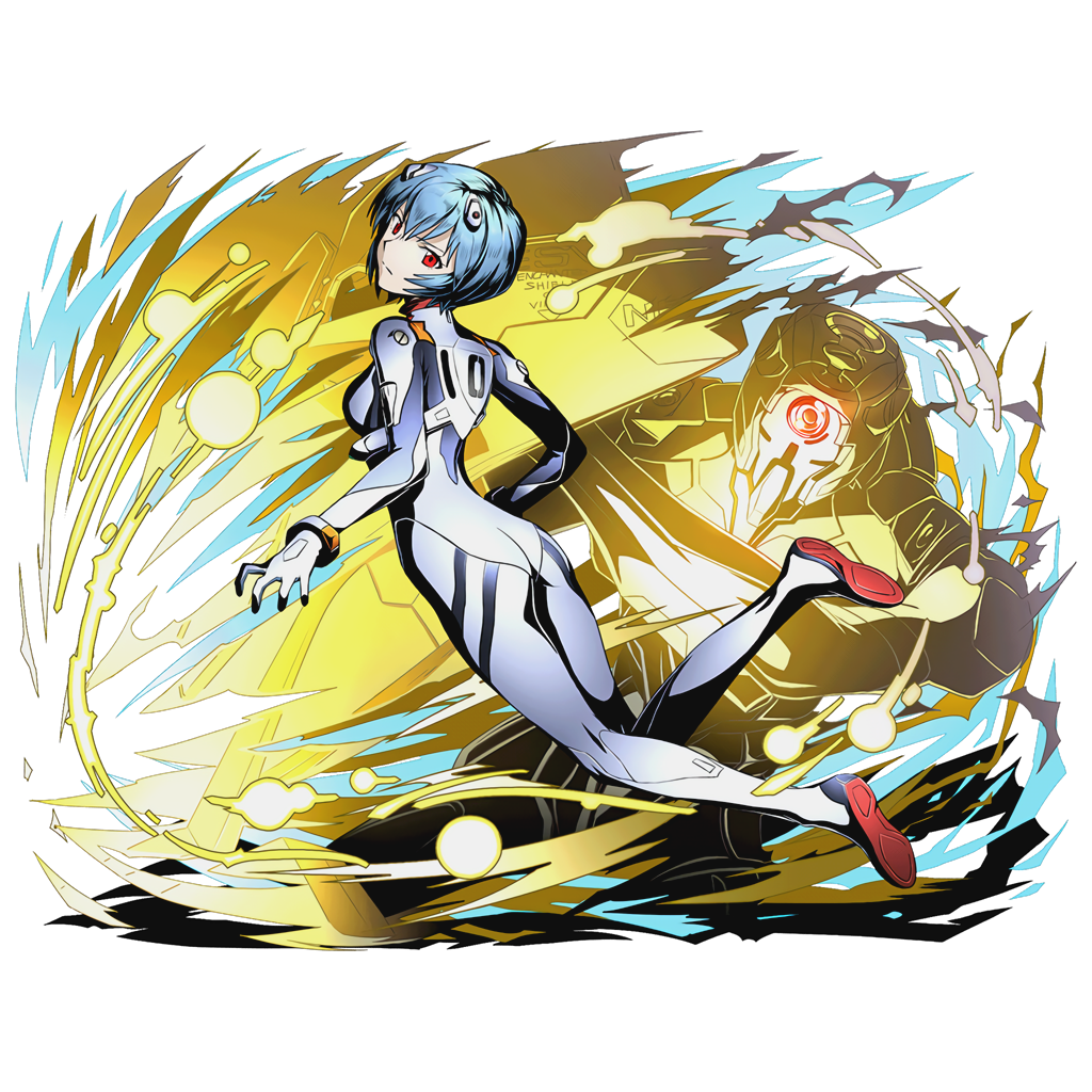 1girl ayanami_rei blue_hair divine_gate full_body hair_ornament looking_at_viewer looking_back neon_genesis_evangelion official_art plugsuit red_eyes shadow short_hair solo transparent_background ucmm