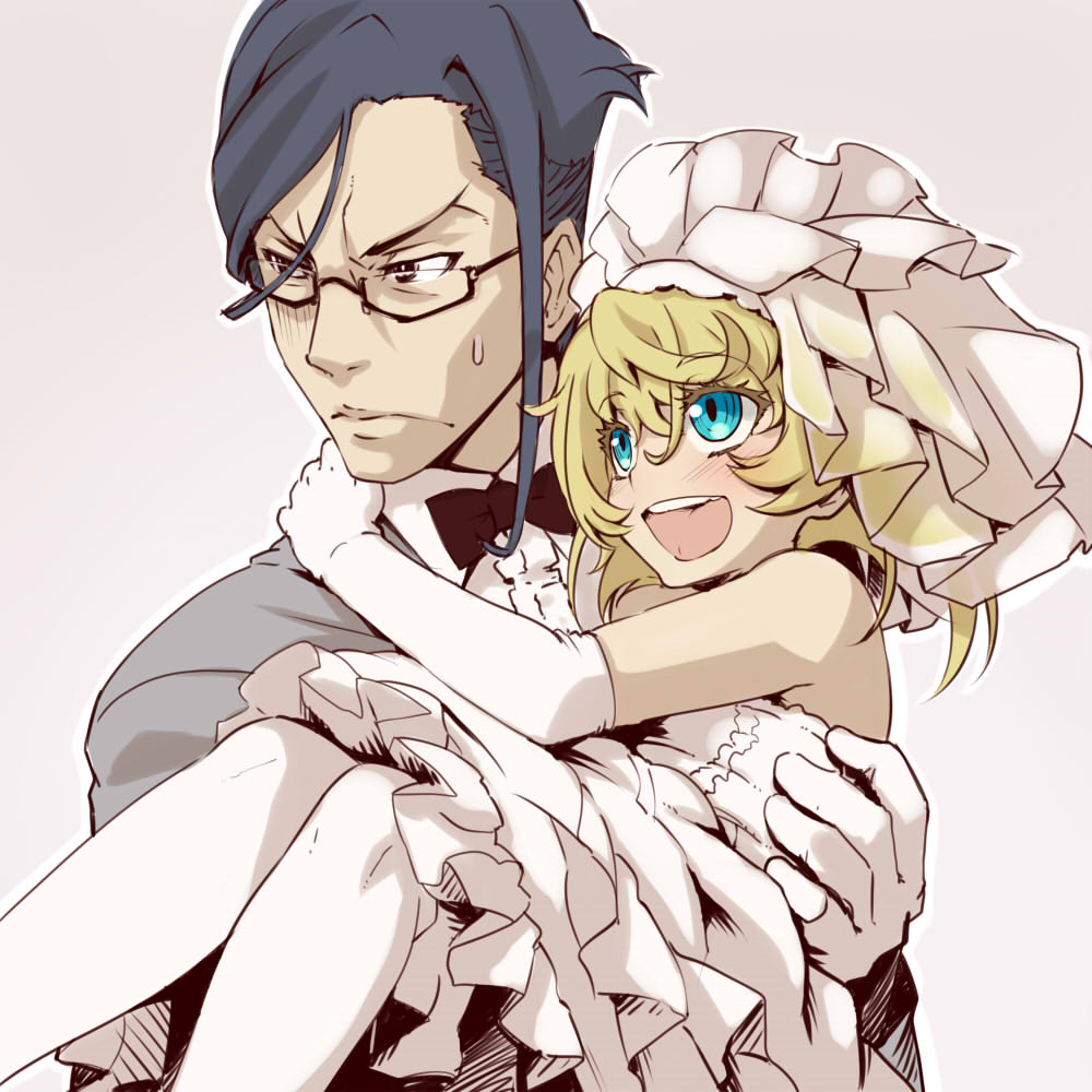 1boy 1girl blonde_hair blue_eyes blue_hair carrying dress erich_von_rerugen female genderswap genderswap_(mtf) glasses gloves hondarai male pantyhose princess_carry smile tanya_degurechaff tuxedo wedding wedding_dress youjo_senki