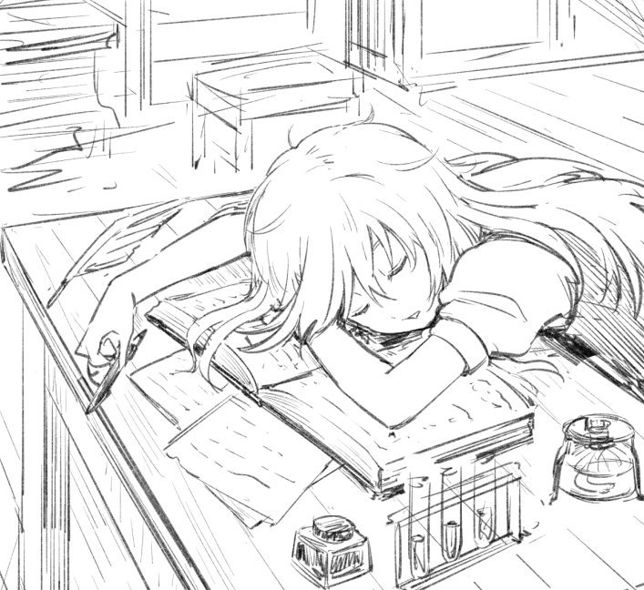 1girl book closed_eyes desk headwear_removed inkwell kirisame_marisa leon_(mikiri_hassha) long_hair monochrome open_book open_mouth pen puffy_sleeves short_sleeves sleeping solo test_tube touhou