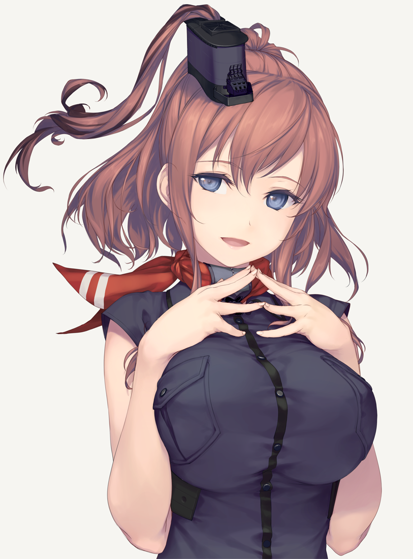 1girl anchor black_dress blue_eyes breast_pocket breast_suppress breasts brown_hair dress hair_ornament hands_together kantai_collection large_breasts long_hair open_mouth pocket red_neckerchief remodel_(kantai_collection) rokuwata_tomoe saratoga_(kantai_collection) shirt side_ponytail sidelocks simple_background smile smokestack solo taut_clothes taut_shirt white_background