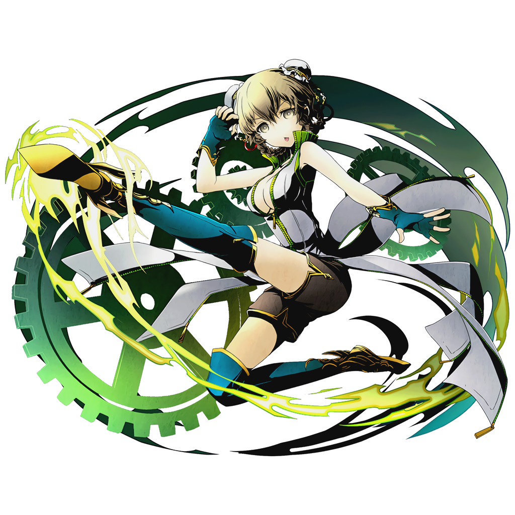 1girl amane_suzuha black_shorts blue_gloves blue_legwear braid breasts brown_eyes brown_hair cleavage divine_gate fingerless_gloves full_body gloves large_breasts looking_at_viewer official_art open_mouth shadow short_hair shorts sleeveless solo steins;gate tabard thigh-highs transparent_background twin_braids ucmm unzipped