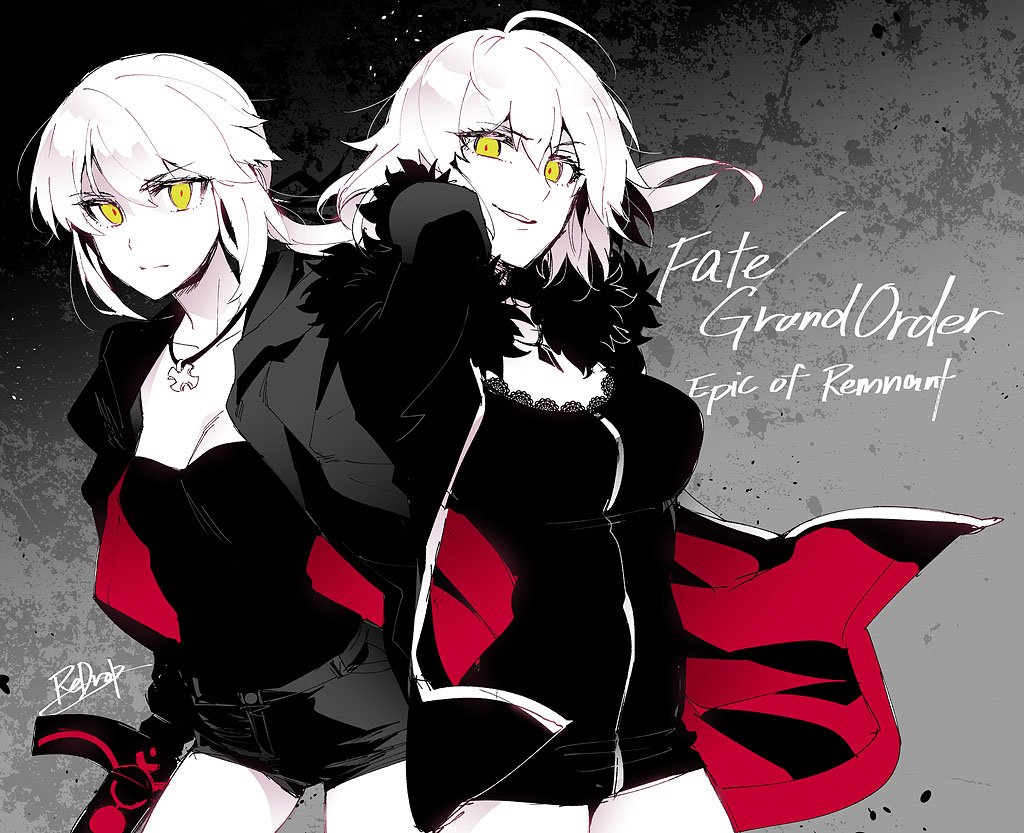 2girls casual collarbone fate/grand_order fate_(series) fur_trim jacket jeanne_alter jewelry multiple_girls necklace open_clothes open_jacket redrop rosary ruler_(fate/apocrypha) saber saber_alter short_shorts shorts sword weapon white_hair yellow_eyes