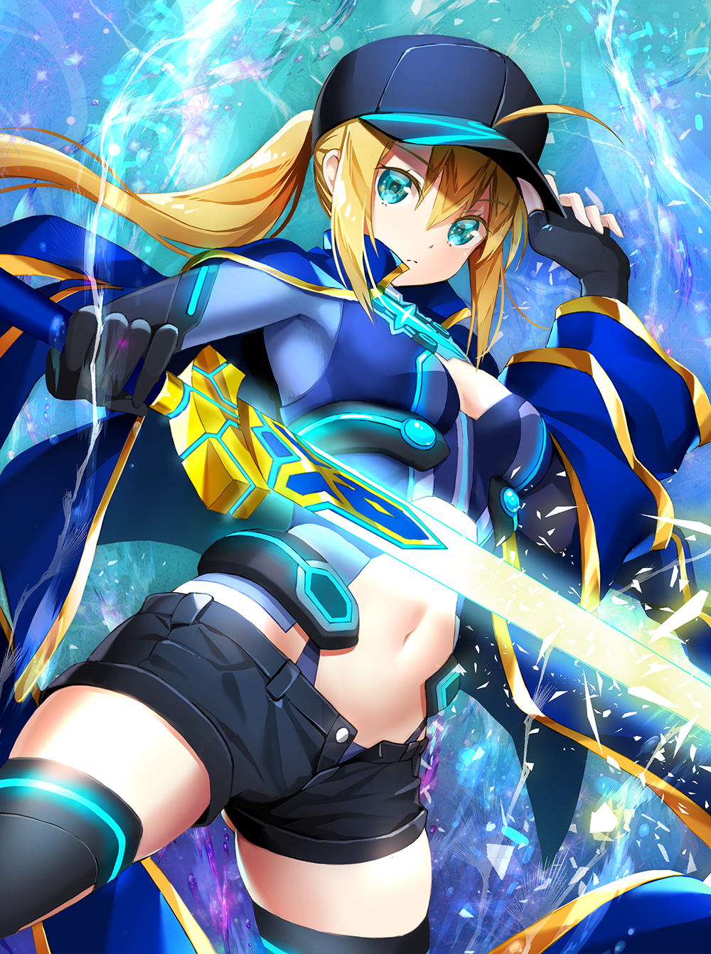 1girl ahoge asymmetrical_gloves black_gloves black_hat black_legwear black_shorts blonde_hair blue_eyes breasts cleavage excalibur eyebrows_visible_through_hair fate/grand_order fate_(series) fingerless_gloves gloves hair_between_eyes hat heroine_x highres holding holding_hat holding_sword holding_weapon long_hair looking_at_viewer medium_breasts midriff navel saber short_shorts shorts solo suishougensou sword thigh-highs visor_cap weapon