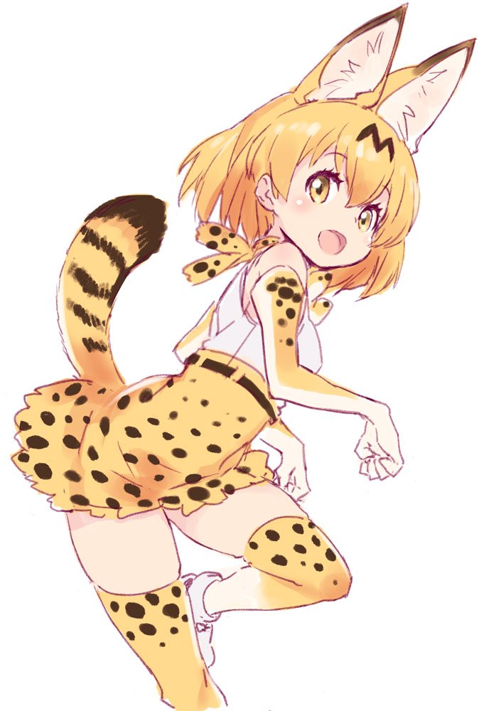 1girl animal_ears bangs bare_shoulders blonde_hair blush cat_ears cat_tail elbow_gloves eyebrows_visible_through_hair from_side gloves hair_between_eyes kawata_hisashi kemono_friends looking_at_viewer looking_to_the_side open_mouth serval_(kemono_friends) serval_ears serval_tail short_hair simple_background skirt sleeveless smile solo tail thigh-highs white_background yellow_eyes