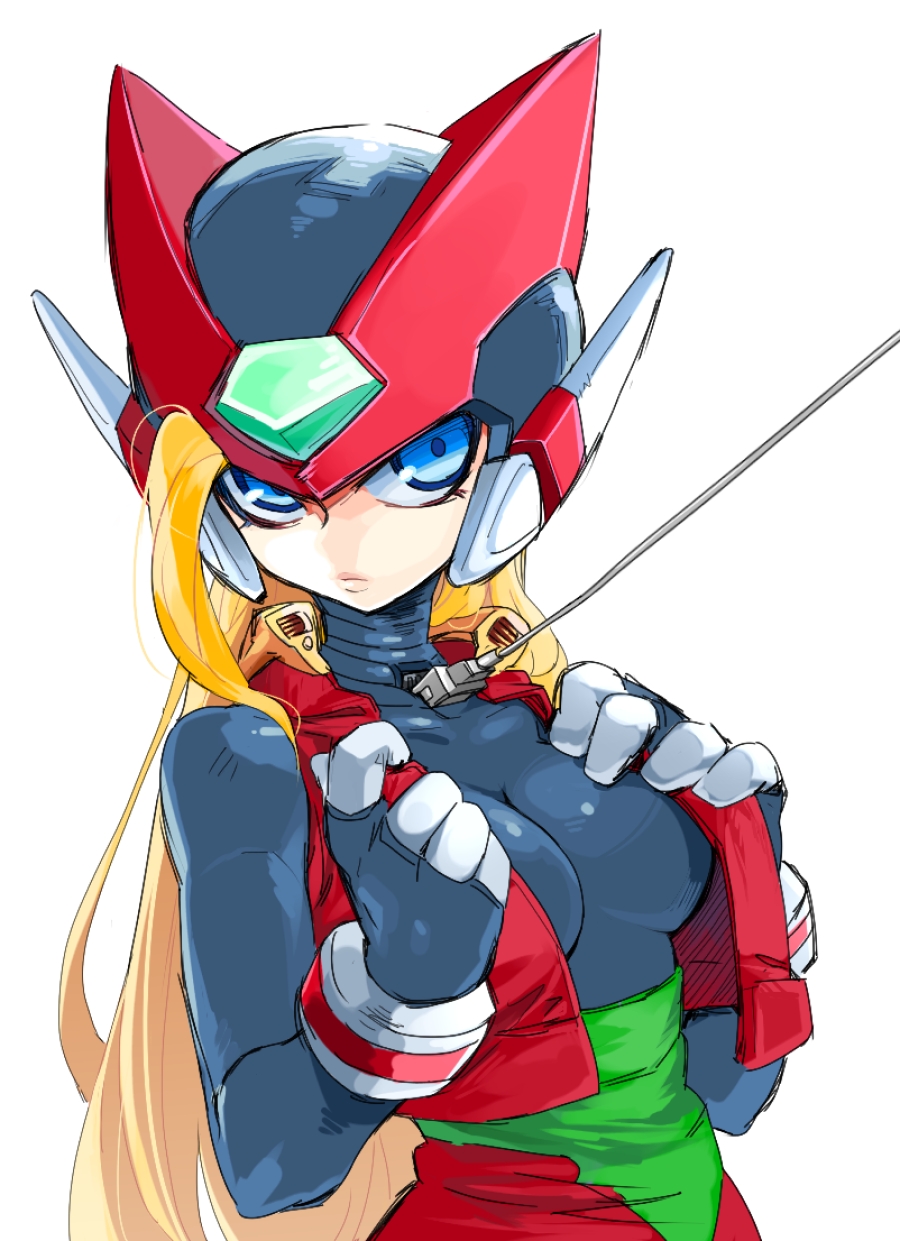 1girl android armor blonde_hair blue_eyes breasts genderswap genderswap_(mtf) gloves helmet highres lips long_hair rockman rockman_x rockman_zero solo very_long_hair yuriyuri_(ccc) zero_(rockman)