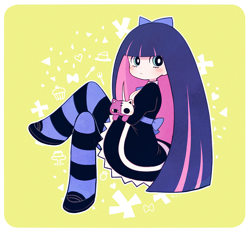 1girl ayu_(mog) blue_eyes blush_stickers bow dress gothic_lolita hair_bow legs_crossed lolita_fashion multicolored_hair panty_&amp;_stocking_with_garterbelt sitting stocking_(psg) striped striped_legwear stuffed_animal stuffed_cat stuffed_toy two-tone_hair