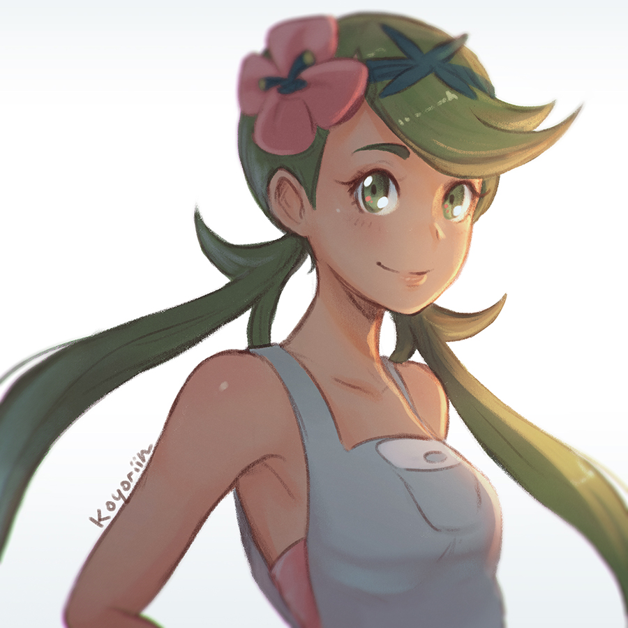 1girl armpits artist_name bare_shoulders blush breasts closed_mouth collarbone dark_skin flower green_eyes green_hair green_hairband hair_flower hair_ornament hairband koyorin long_hair looking_at_viewer low_twintails mallow_(pokemon) overalls pokemon pokemon_(game) pokemon_sm small_breasts smile tareme thick_eyebrows twintails upper_body