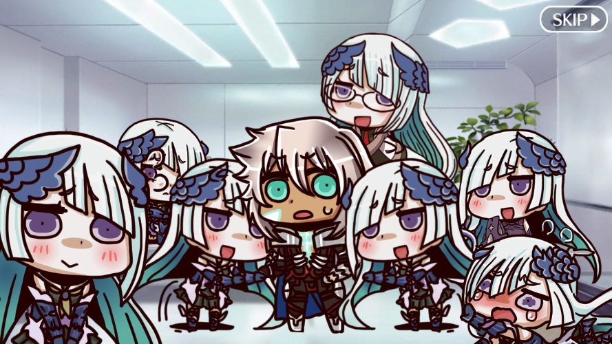 1boy armor blue_eyes blush chibi cosplay dark_skin dual_persona fate/apocrypha fate/grand_order fate/prototype fate/prototype:_fragments_of_blue_and_silver fate_(series) glasses lancer_(fate/prototype_fragments) long_hair looking_at_viewer multiple_girls open_mouth riyo_(lyomsnpmp)_(style) saber_of_black shielder_(fate/grand_order) shielder_(fate/grand_order)_(cosplay) silver_hair smile tears you_gonna_get_raped