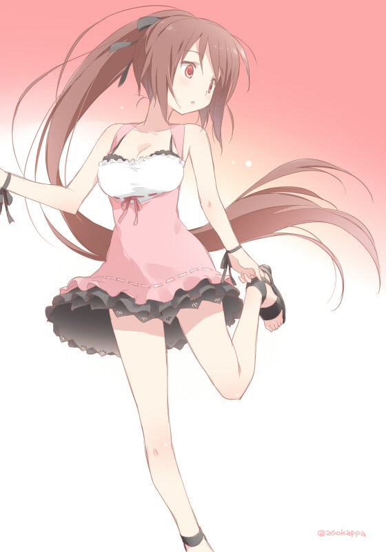 1girl :o adjusting_clothes adjusting_shoe alternate_costume artist_name asoka bare_arms bare_legs bare_shoulders black_ribbon blush breasts brown_hair cleavage collarbone dress eyebrows_visible_through_hair gothic_wa_mahou_otome gradient gradient_background hair_ribbon leg_up long_hair looking_to_the_side medium_breasts no_socks open_mouth pink_dress ponytail ranun_(gothic_wa_mahou_otome) red_eyes ribbon sandals sleeveless sleeveless_dress solo standing standing_on_one_leg tareme twitter_username very_long_hair wristband