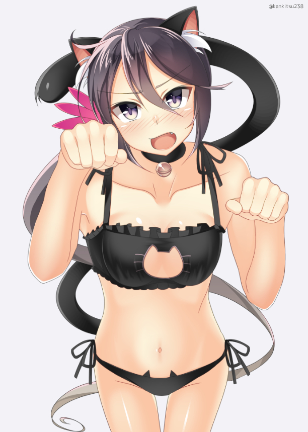 1girl akebono_(kantai_collection) animal_ears bell bell_choker black_bra black_panties bra breasts cat_cutout cat_ear_panties cat_ears cat_lingerie cat_tail choker cleavage_cutout flower foreshortening hair_bell hair_flower hair_ornament jingle_bell kankitsunabe_(citrus) kantai_collection long_hair meme_attire navel panties paw_pose purple_hair side-tie_panties side_ponytail simple_background small_breasts solo tail underwear underwear_only very_long_hair violet_eyes