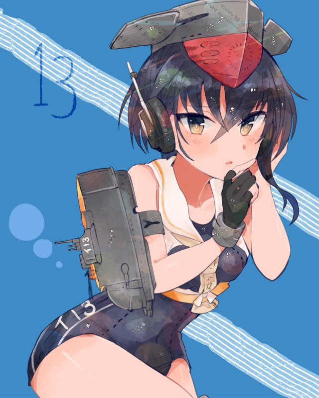 1girl asymmetrical_hair black_hair blue_background brown_eyes gloves hair_between_eyes headphones i-13_(kantai_collection) itomugi-kun kantai_collection leaning_forward looking_at_viewer machinery partly_fingerless_gloves sailor_collar school_swimsuit short_hair single_glove swimsuit