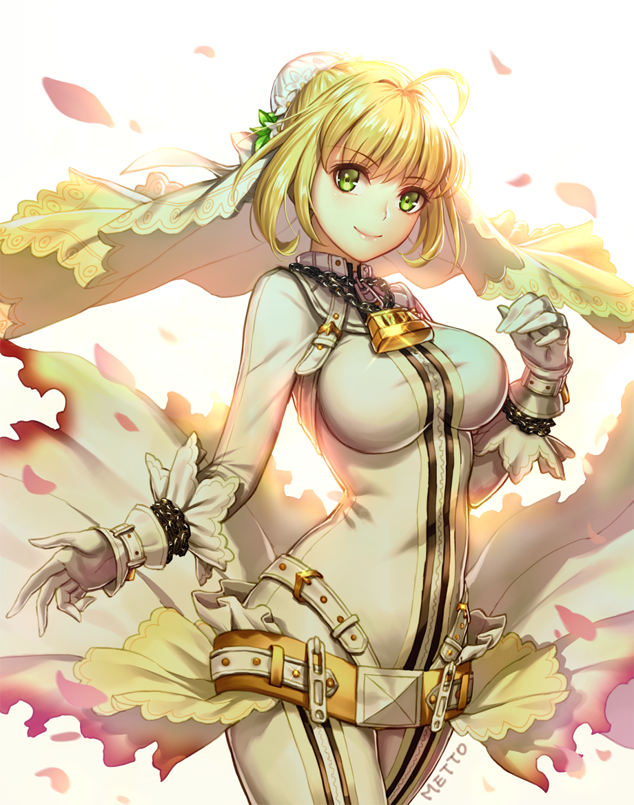 1girl ahoge artist_name belt blonde_hair blush bodysuit breasts chains closed_mouth cowboy_shot fate/extra fate/extra_ccc fate_(series) flower gloves green_eyes large_breasts legs_together lips lock looking_at_viewer metto padlock petals saber_bride saber_extra skin_tight smile solo veil waist_cape white_bodysuit zipper