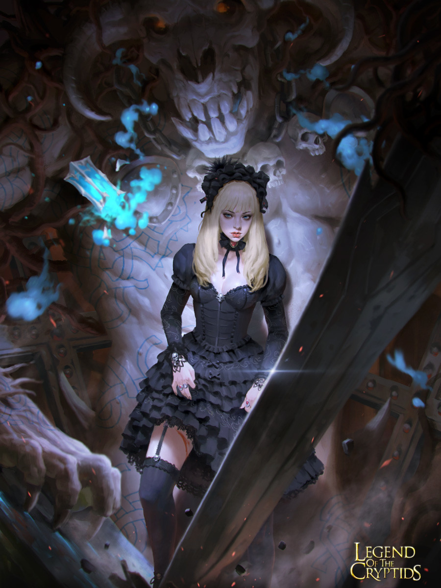 1girl black_legwear blonde_hair blood breasts choker cleavage corset cuts demon frilled_skirt frills gothic_lolita green_eyes hairband highres hitodama injury jewelry kilart lantern legend_of_the_cryptids lips lipstick lolita_fashion lolita_hairband long_hair makeup medium_breasts over-kneehighs planted_sword planted_weapon ring skirt skull solo_focus sword thigh-highs weapon