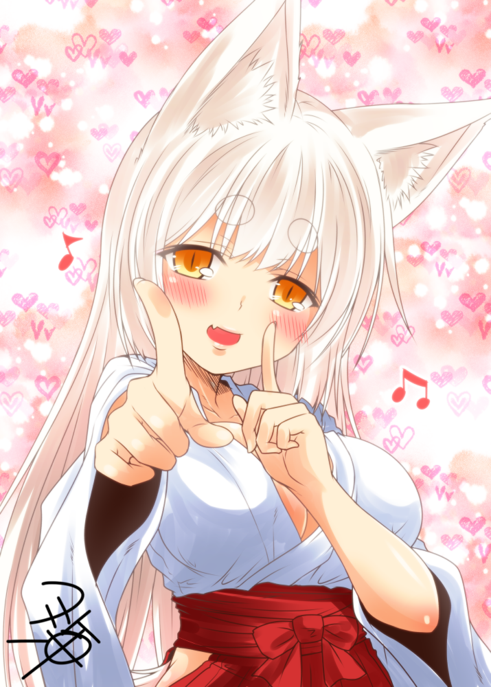 1girl :d animal_ears blush breasts cleavage fox_ears hakama index_finger_raised japanese_clothes kohaku_(yua) koi_dance long_hair looking_at_viewer miko musical_note open_mouth original signature slit_pupils smile solo thick_eyebrows white_hair yellow_eyes yua_(checkmate)