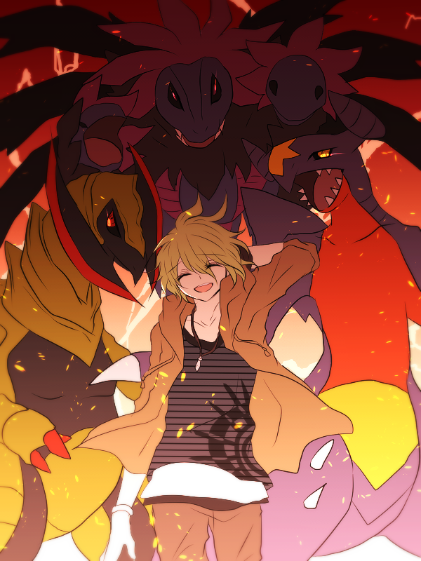 1boy amami_rantarou arm_behind_head armband closed_eyes dangan_ronpa embers garchomp green_hair hand_on_head haxorus hydreigon jacket jewelry looking_at_viewer male_focus negi_(ngng_9) new_dangan_ronpa_v3 pendant pokemon pokemon_(creature) red_background sharp_teeth smile solo tagme teeth