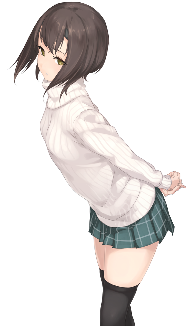 1girl arms_behind_back black_legwear brown_eyes brown_hair green_skirt kantai_collection leaning_forward looking_at_viewer plaid plaid_skirt pleated_skirt ribbed_sweater rokuwata_tomoe short_hair simple_background skirt solo sweater taihou_(kantai_collection) thigh-highs turtleneck turtleneck_sweater white_background zettai_ryouiki