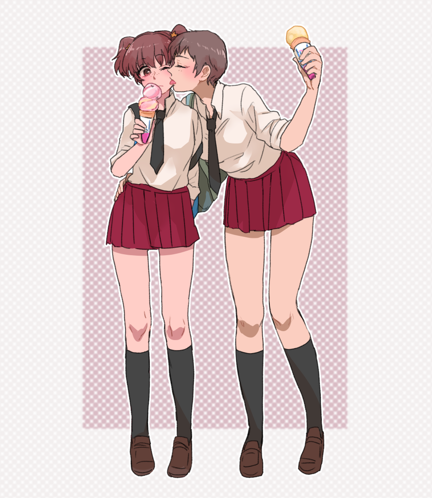 2girls alisa_(girls_und_panzer) arm_around_waist bag bangs black_legwear black_necktie blush brown_eyes brown_hair brown_shoes carrying closed_eyes closed_mouth dress_shirt face_licking food freckles full_body girls_und_panzer hair_ornament hao_(udon) holding holding_food ice_cream_cone kneehighs licking loafers long_sleeves miniskirt multiple_girls naomi_(girls_und_panzer) necktie one_eye_closed outside_border pleated_skirt red_skirt school_bag shirt shoes short_hair short_twintails skirt sleeves_rolled_up standing star star_hair_ornament twintails very_short_hair white_shirt