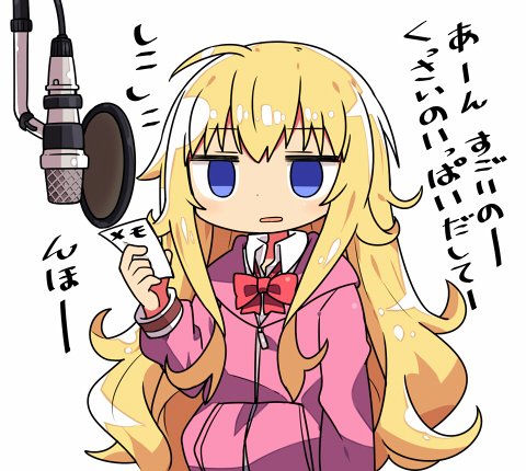blonde_hair blue_eyes bow bowtie gabriel_dropout hood hoodie jitome kanikama long_hair lowres microphone pink_clothes tenma_gabriel_white translated