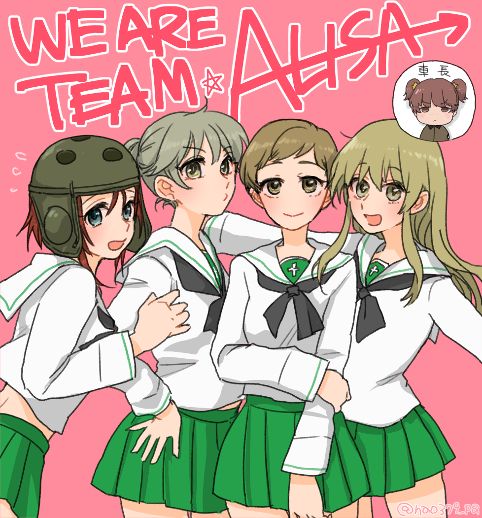 5girls alisa_(girls_und_panzer) alternate_costume arm_grab bangs blouse blue_eyes brown_eyes brown_hair character_name chibi closed_mouth cowboy_shot english extra flying_sweatdrops frown girls_und_panzer green_skirt hair_ornament hand_on_hip hao_(udon) helmet helmet-chan_(girls_und_panzer) light_smile long_hair long_sleeves looking_at_viewer miniskirt multiple_girls neckerchief open_mouth outstretched_arms pleated_skirt school_uniform serafuku short_hair short_twintails side-by-side simple_background skirt smile spread_arms standing star star_hair_ornament swept_bangs translated twintails twitter_username very_short_hair white_blouse