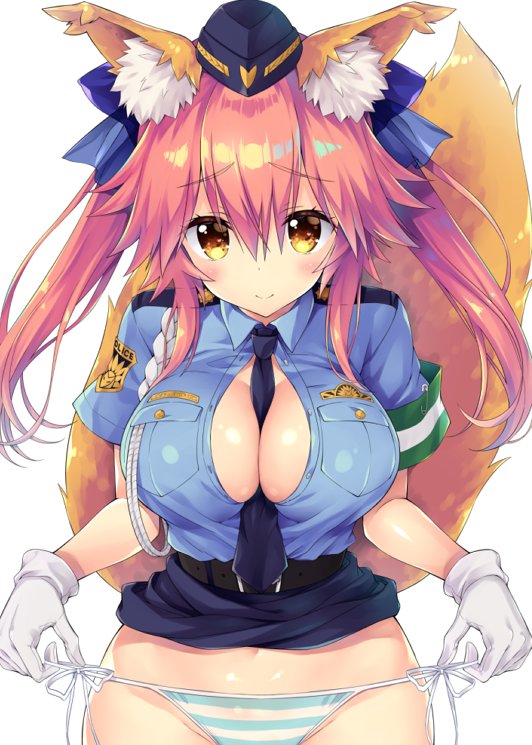 1girl aiguillette alternate_costume animal_ears armband bangs belt between_breasts blue_neckwear blue_panties blue_ribbon blue_shirt blue_skirt blush breasts bursting_breasts cleavage closed_mouth eyebrows_visible_through_hair fate/extella_link fate/extra fate_(series) female_service_cap fox_ears fox_tail gloves hair_between_eyes hair_ribbon hat hips large_breasts long_hair looking_at_viewer miniskirt necktie panties pink_hair police police_uniform policewoman ribbon sasorigatame shiny shiny_hair shirt shirt_lift side-tie_panties sidelocks simple_background skirt smile solo striped striped_panties tail tamamo_(fate)_(all) tamamo_no_mae_(fate) underwear uniform waist white_background white_gloves yellow_eyes