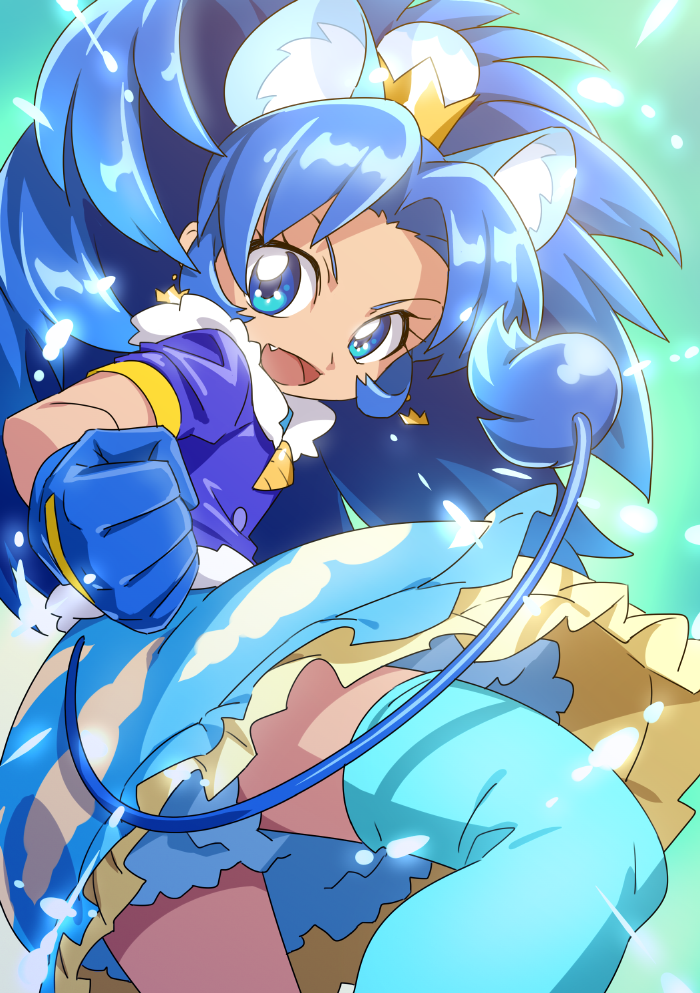 1girl animal_ears blue_eyes blue_gloves blue_hair blue_legwear blue_skirt cat_ears cat_tail clenched_hand cure_gelato earrings extra_ears fang food_themed_hair_ornament gloves green_background hair_ornament jewelry kirakira_precure_a_la_mode lion_ears lion_tail long_hair magical_girl open_mouth precure single_thighhigh skirt smile solo tail tategami_aoi thigh-highs toramaru