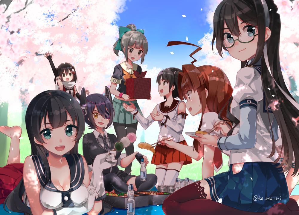 6+girls :d agano_(kantai_collection) ahoge arm_up barefoot black_gloves black_hair black_legwear blue_eyes blue_skirt bottle bow breasts brown_eyes brown_hair brown_legwear cardigan checkered checkered_necktie cherry_blossoms chopsticks cleavage commentary_request dango detached_sleeves elbow_gloves eyepatch fingerless_gloves food glasses gloves green_skirt grey_hair hair_bow headgear hip_vent holding holding_bottle holding_food holding_plate kantai_collection ko_ru_ri kuma_(kantai_collection) long_hair long_sleeves multiple_girls nagara_(kantai_collection) necktie ooyodo_(kantai_collection) open_mouth pantyhose plate pleated_skirt ponytail purple_hair red_skirt sailor_collar school_uniform sendai_(kantai_collection) serafuku short_hair short_sleeves shrimp side_ponytail sitting skirt sleeveless smile tenryuu_(kantai_collection) thigh-highs wagashi white_gloves white_legwear yellow_eyes yuubari_(kantai_collection)