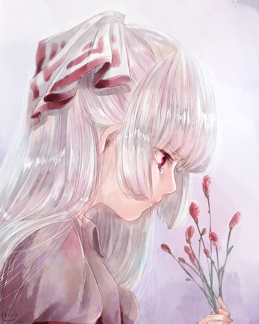 1girl bangs bow closed_mouth commentary crying eyebrows_visible_through_hair flower fujiwara_no_mokou hair_bow hair_ribbon highres holding holding_flower long_hair mokoiscat plant red_eyes ribbon shirt silver_hair simple_background solo teardrop tears touhou very_long_hair white_shirt