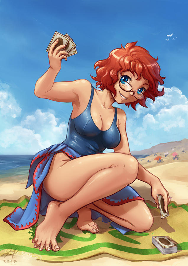 1girl armpits barefoot beach blue_eyes breasts card cleavage feet glasses legs maxa' messy_hair ocean one-piece_swimsuit orange_hair sarong short_hair sky smile solo swimsuit toes water