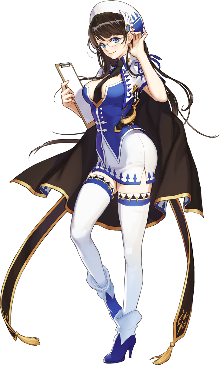1girl adjusting_hair arpiel bangs blue_eyes blue_shoes breasts brown_cape brown_hair cape capelet clipboard closed_mouth collared_shirt eyebrows_visible_through_hair full_body hair_tucking hand_in_hair hand_up hat high_heels highres holding long_hair looking_at_viewer medium_breasts miniskirt necktie plantar_flexion shirt shoes skirt smile solo sonora_(arpiel) standing standing_on_one_leg sunme_lee thigh-highs transparent_background white_legwear white_skirt