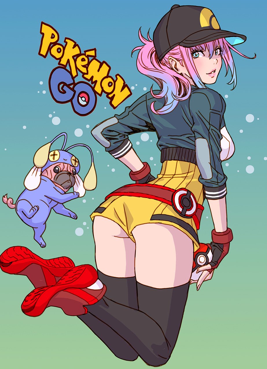 1girl aqua_eyes ass back baseball_cap belt blue_background blush breasts chinchou chinchou_(cosplay) cosplay dog female_protagonist_(pokemon_go) from_behind gloves hat highlights highres jacket legs_folded lips long_sleeves looking_at_viewer multicolored_hair parted_lips pink_hair pink_lips poke_ball pokemon pokemon_(game) pokemon_go ponytail shoes short_shorts shorts simple_background sleeves_past_elbows solo thigh-highs thighs track_jacket two-tone_hair yamashita_shun'ya