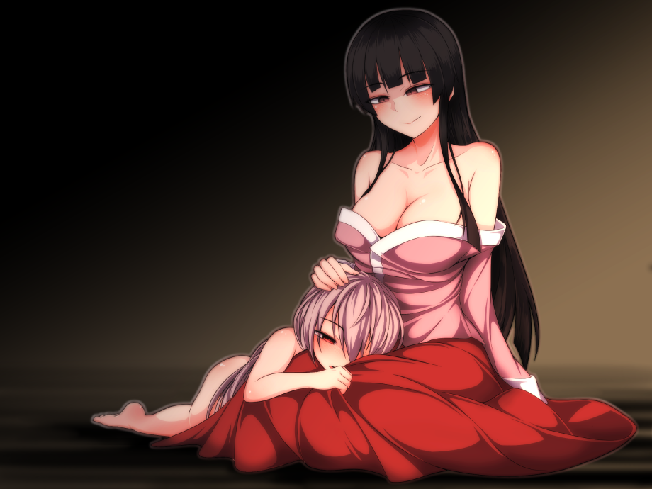 2girls bare_shoulders black_hair blouse blush breasts brown_eyes cleavage closed_mouth collarbone empty_eyes fujiwara_no_mokou hime_cut houraisan_kaguya kuroba_rapid large_breasts long_skirt looking_at_another multiple_girls nude off_shoulder pink_blouse silver_hair sitting skirt smile touhou younger