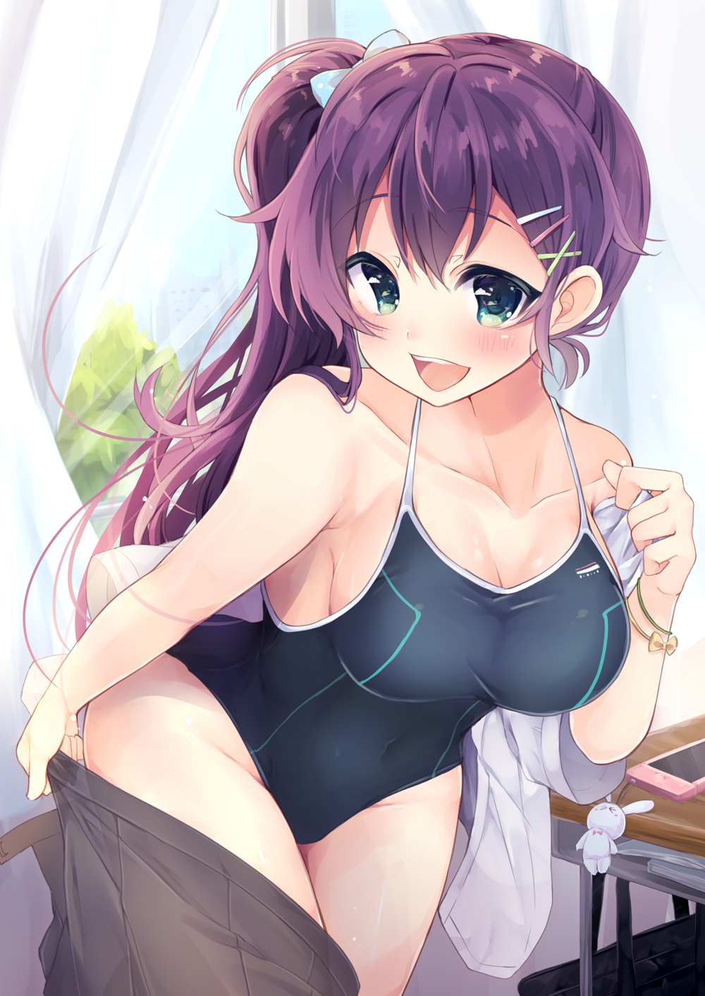 1girl :d bare_arms bare_shoulders black_swimsuit blue_bow blush bow breasts brown_skirt cellphone cellphone_charm charm_(object) classroom cleavage competition_school_swimsuit covered_navel cowboy_shot curtains desk green_eyes groin hair_bow hair_ornament hairclip highres index_finger_raised indoors irone_(miyamiya38) large_breasts leaning_forward long_hair long_sleeves off_shoulder open_clothes open_mouth open_shirt original phone pleated_skirt purple_hair school_desk school_swimsuit shirt side_ponytail skin_tight skirt smile solo standing swimsuit table tareme undressing very_long_hair white_shirt window x_hair_ornament
