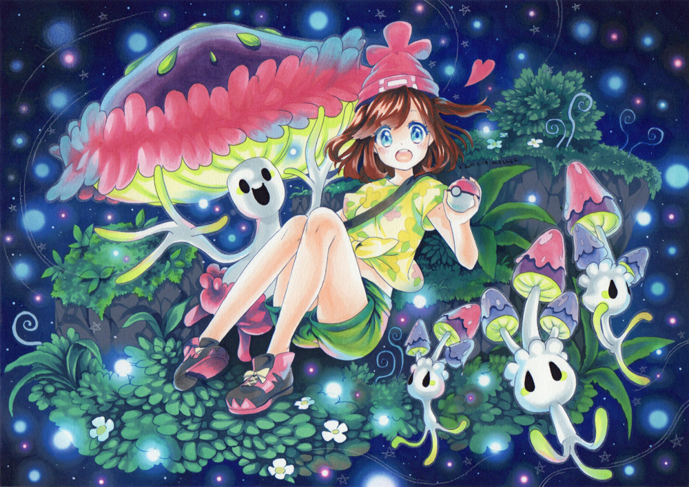 1girl beanie blush brown_hair bush colored_pencil_(medium) colorful female_protagonist_(pokemon_sm) floating_hair grass hat heart light_particles looking_at_viewer marker_(medium) midriff morelull mosho mushroom open_mouth poke_ball pokemon pokemon_(game) pokemon_sm shiinotic shirt short_hair shorts smile star tied_shirt traditional_media