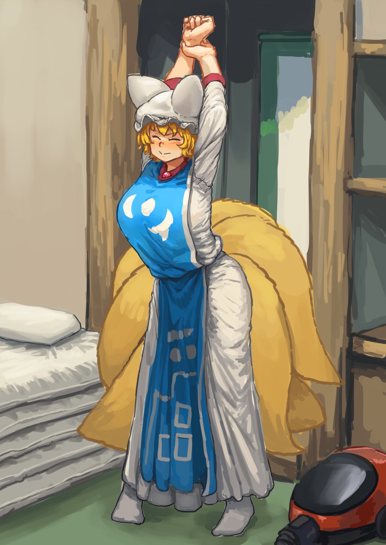 1girl adapted_costume arms_up bangs bed blonde_hair blush breasts chanta_(ayatakaoisii) closed_eyes fox_tail full_body hat highres huge_breasts indoors long_skirt long_sleeves multiple_tails no_shoes nose_blush pillow pillow_hat shirt short_hair skirt smile solo stretch tabard tabi tail touhou vacuum_cleaner white_legwear white_shirt white_skirt yakumo_ran