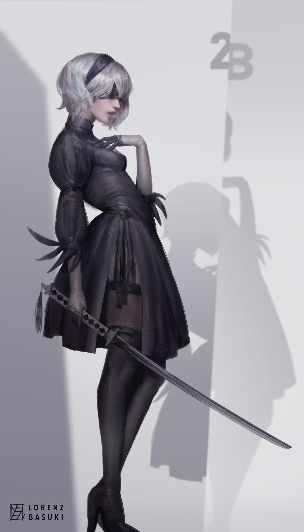 1girl arm_at_side artist_name black_dress black_gloves black_hairband black_legwear black_ribbon blindfold boots breasts character_name cleavage_cutout covered_eyes dress feather-trimmed_sleeves feather_trim from_side full_body gloves hair_over_eyes hairband hand_on_own_chest hand_up high_heel_boots high_heels highres holding holding_sword holding_weapon juliet_sleeves katana lips long_sleeves lorenz_basuki nier_(series) nier_automata nose parted_lips profile puffy_sleeves ribbed_dress ribbed_sleeves ribbon shadow short_dress short_hair side_slit silver_hair small_breasts solo standing sword tassel thigh-highs thigh_boots turtleneck vambraces weapon yorha_no._2_type_b