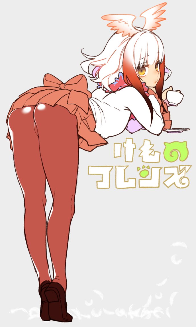 1girl ass bangs bent_over brown_shoes copyright_name crested_ibis_(kemono_friends) cup full_body giuniu head_wings kemono_friends legs long_hair long_sleeves orange_skirt pantyhose red_legwear redhead shoes sidelocks simple_background skirt solo standing teacup white_hair yellow_eyes