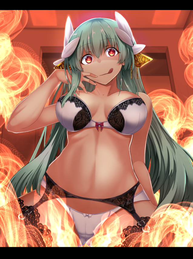 1girl :q bangs black_bra black_legwear bow bow_bra bow_panties bra breasts cleavage closed_mouth commentary_request cowboy_shot dragon_girl dragon_horns empty_eyes eyebrows_visible_through_hair fate/grand_order fate_(series) fire garter_belt garter_straps gluteal_fold green_hair hair_between_eyes hair_ornament hand_up horns indoors kiyohime_(fate/grand_order) lace lace-trimmed_bra lace-trimmed_thighhighs large_breasts letterboxed licking_lips long_hair looking_at_viewer no_navel panties red_bow red_eyes smile solo swimsuit thigh-highs tongue tongue_out underwear very_long_hair white_bow white_bra white_panties yandere yuge_(yuge_bakuhatsu)