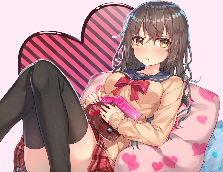 1girl 3: bangs black_legwear blush book breasts brown_eyes brown_hair brown_sweater closed_mouth eyebrows_visible_through_hair hair_between_eyes hakuishi_aoi heart heart_print holding holding_book knees_together_feet_apart long_hair looking_at_viewer medium_breasts open_book original pillow plaid plaid_skirt pleated_skirt red_skirt school_uniform serafuku sitting skirt sleeves_past_wrists solo striped thigh-highs valentine wavy_hair