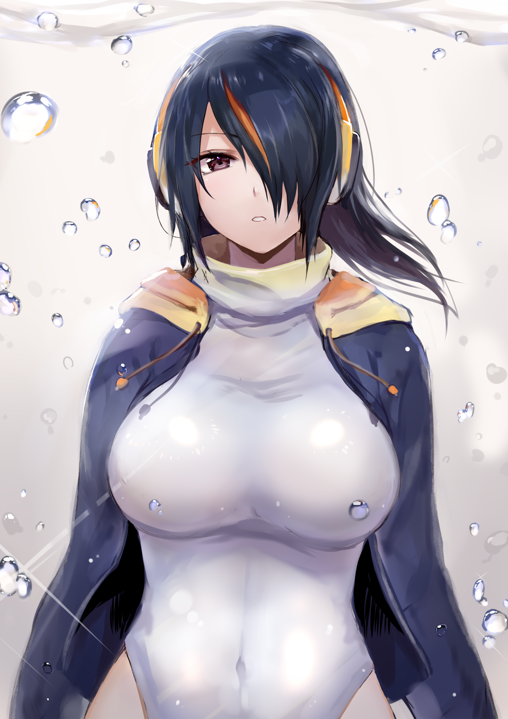1girl air_bubble black_hair breasts brown_eyes covered_navel emperor_penguin_(kemono_friends) hair_over_one_eye headphones highres kemono_friends large_breasts leotard long_hair looking_at_viewer multicolored_hair solo sukemyon white_leotard