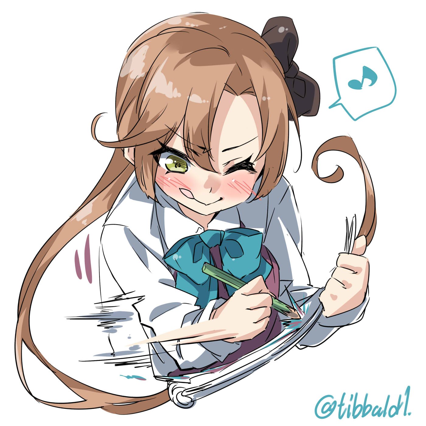 1girl :q ;) akigumo_(kantai_collection) bangs blue_bow blue_bowtie blush bow bowtie brown_bow brown_hair closed_mouth collared_shirt drawing ebifurya eyebrows_visible_through_hair green_eyes hair_bow highres holding holding_pencil kantai_collection long_hair long_sleeves motion_lines musical_note one_eye_closed pencil ponytail quaver shirt simple_background sketchbook sleeveless smile solo speech_bubble spoken_musical_note tongue tongue_out twitter_username upper_body white_background white_shirt