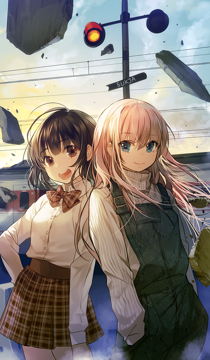 2girls :d artist_name bangs black_hair blonde_hair blue_eyes bow brown_bow brown_eyes brown_skirt closed_mouth clouds cloudy_sky collared_shirt cowboy_shot evening eyebrows_visible_through_hair ground_vehicle hand_in_pocket hand_on_hip high-waist_skirt highres looking_at_viewer multiple_girls open_mouth original outdoors plaid plaid_skirt pleated_skirt ribbed_sweater shirt short_hair side-by-side signature skirt sky smile sukja suspenders sweater teeth traffic_light train turtleneck turtleneck_sweater white_shirt