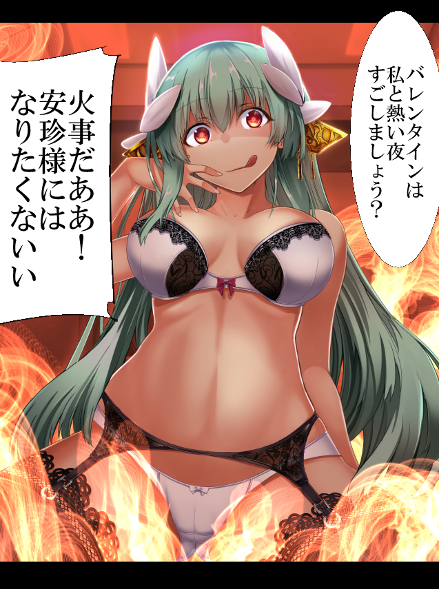 1girl :q bangs black_bra black_legwear bow bow_bra bow_panties bra breasts cleavage closed_mouth commentary_request cowboy_shot dragon_girl dragon_horns empty_eyes eyebrows_visible_through_hair fate/grand_order fate_(series) fire garter_belt garter_straps gluteal_fold green_hair hair_between_eyes hair_ornament hand_up horns indoors kiyohime_(fate/grand_order) lace lace-trimmed_bra lace-trimmed_thighhighs large_breasts letterboxed licking_lips long_hair looking_at_viewer no_navel panties red_bow red_eyes smile solo speech_bubble swimsuit thigh-highs tongue tongue_out translation_request underwear very_long_hair white_bow white_bra white_panties yandere yuge_(yuge_bakuhatsu)