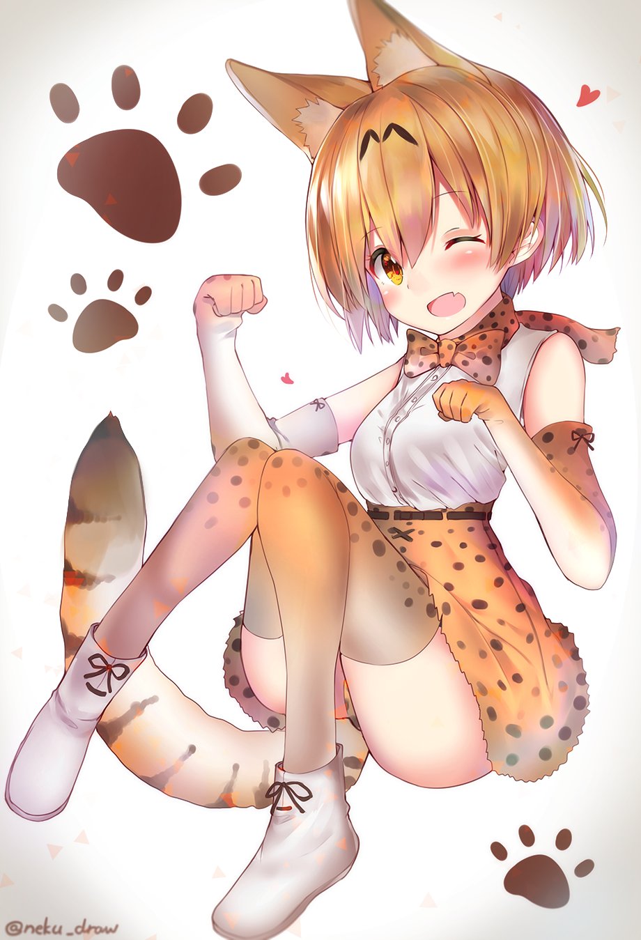 1girl animal_ears animal_print bare_shoulders blonde_hair blush boots bow bowtie breasts elbow_gloves gloves highres kemono_friends knees_together_feet_apart looking_at_viewer neku_(neku_draw) one_eye_closed open_mouth paw_background paw_pose serval_(kemono_friends) serval_ears serval_tail short_hair sitting skirt sleeveless solo tail thigh-highs twitter_username yellow_eyes