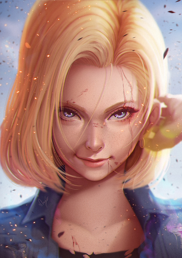 1girl android_18 black_shirt blonde_hair blue_eyes blue_jacket blurry closed_mouth collarbone depth_of_field dragon_ball dragon_ball_z dragonball_z earrings hand_up injury jacket jewelry lens_flare light_particles looking_at_viewer magion02 open_clothes open_jacket portrait realistic red_lips shirt short_hair signature smile solo thick_eyebrows upper_body wing_collar