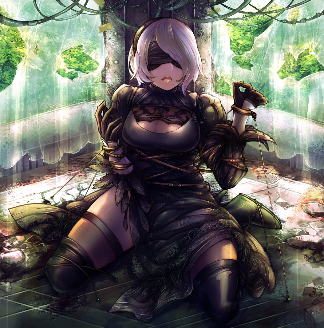 1girl black_dress black_gloves black_legwear blindfold breasts cleavage cleavage_cutout cuffs dress full_body gloves hairband kneeling large_breasts long_sleeves looking_at_viewer masayoshi mole mole_under_mouth nier_(series) nier_automata open_mouth restrained shackles short_hair silver_hair solo thigh-highs yorha_no._2_type_b