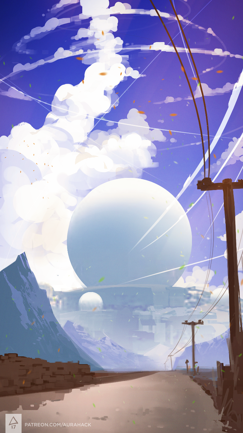 blue_sky building clouds erica_june_lahaie highres leaf motion_blur mountain no_humans original road scenery science_fiction signature sky telephone_pole watermark web_address